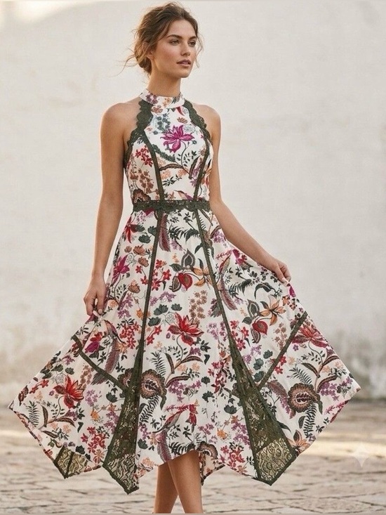 Anthropologie Dresses & Skirts - by Anthropologie Floral Lace-Trim Midi Dress in White with Red & Pink Blooms S-8